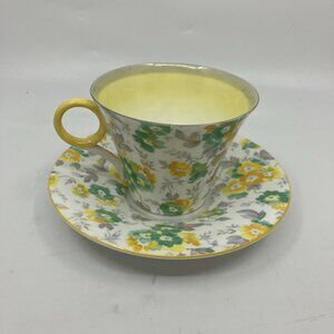 Vintage Shelley Chintz Teacup Round Handle Yellow Green Rose Floral
